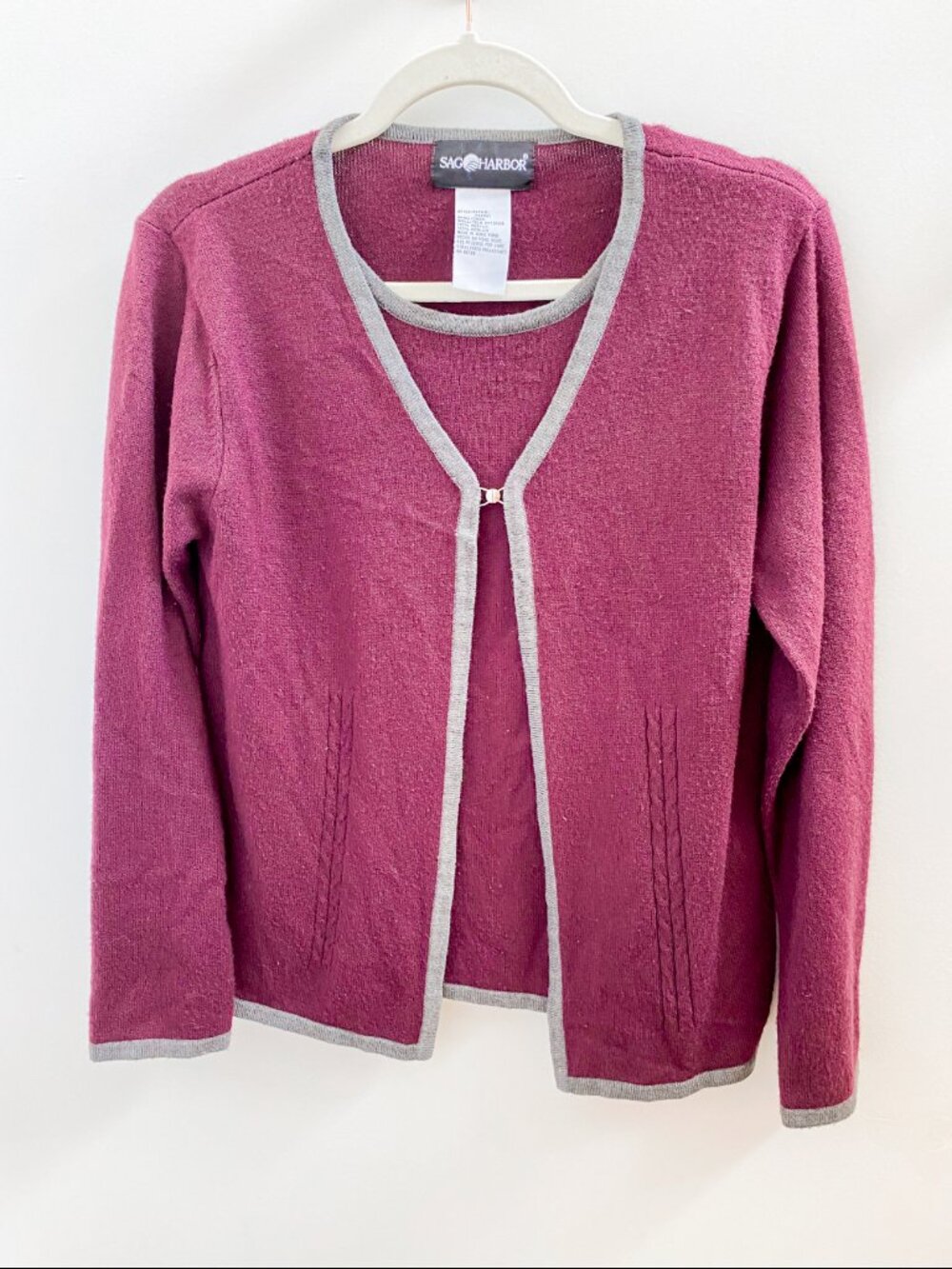 Sag Harbor Burgundy and Grey Cardigan Sweater - Size Small